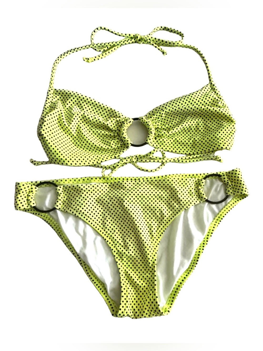 VICTORIA’S SECRET Neon Yellow & Black Polka Dot Metal O-Ring Bikini Set